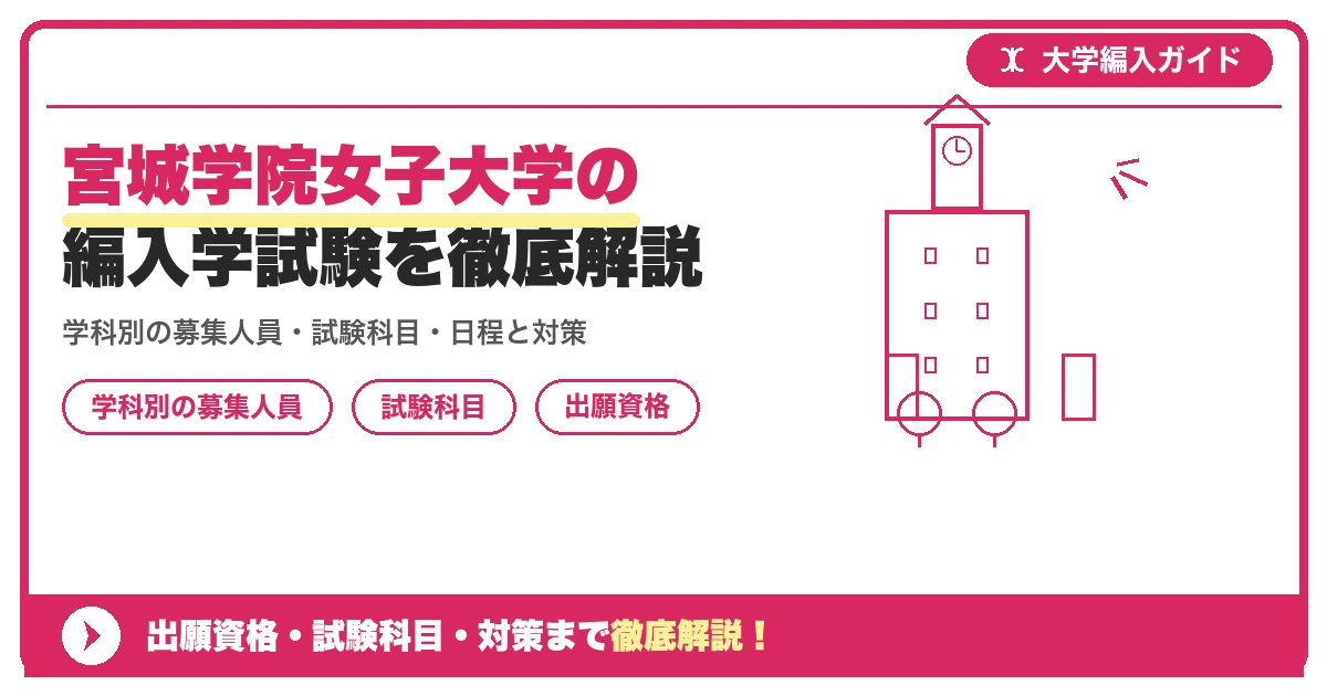 宮城学院女子大学の編入学試験を徹底解説|学科別の募集人員・試験科目・日程と対策【2027年度】の記事アイキャッチ画像。大学編入対策の出願資格・試験科目・対策を示す図解。