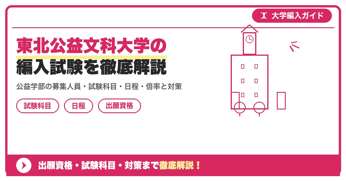東北公益文科大学の編入試験を徹底解説|公益学部の募集人員・試験科目・日程・倍率と対策【2027年度】の記事アイキャッチ画像。大学編入対策の出願資格・試験科目・対策を示す図解。
