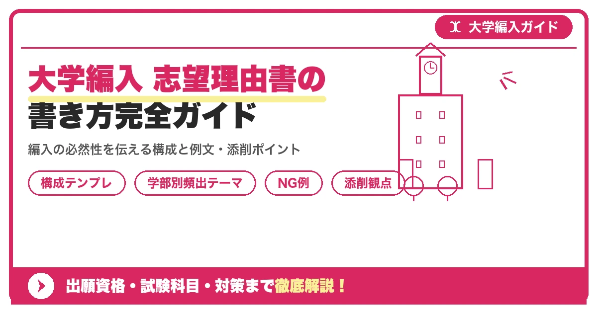 大学編入 志望理由書の書き方完全ガイド|学部別の頻出テーマを示すアイキャッチ画像