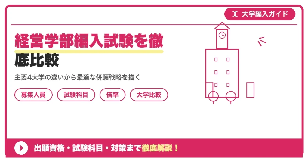 経営学部編入試験を徹底比較｜主要大学の募集人員・試験科目・倍率を示すアイキャッチ画像