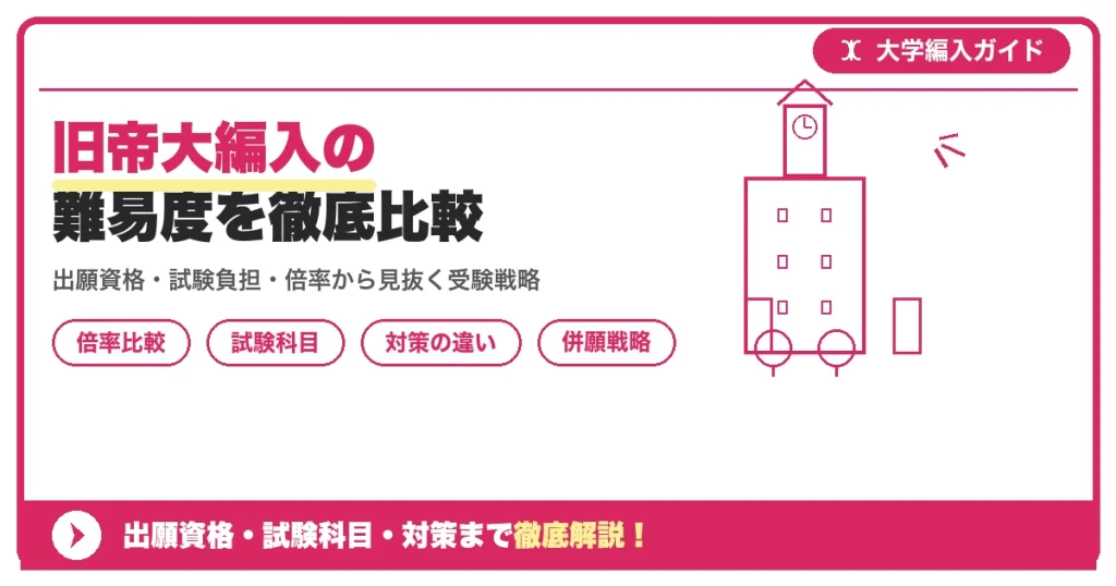 旧帝大編入の難易度を徹底比較｜東大・京大・阪大・九大などを示すアイキャッチ画像
