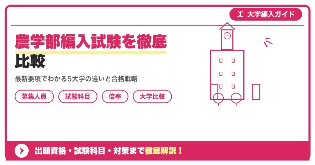 農学部編入試験を徹底比較｜主要大学の募集人員・試験科目・倍率を示すアイキャッチ画像