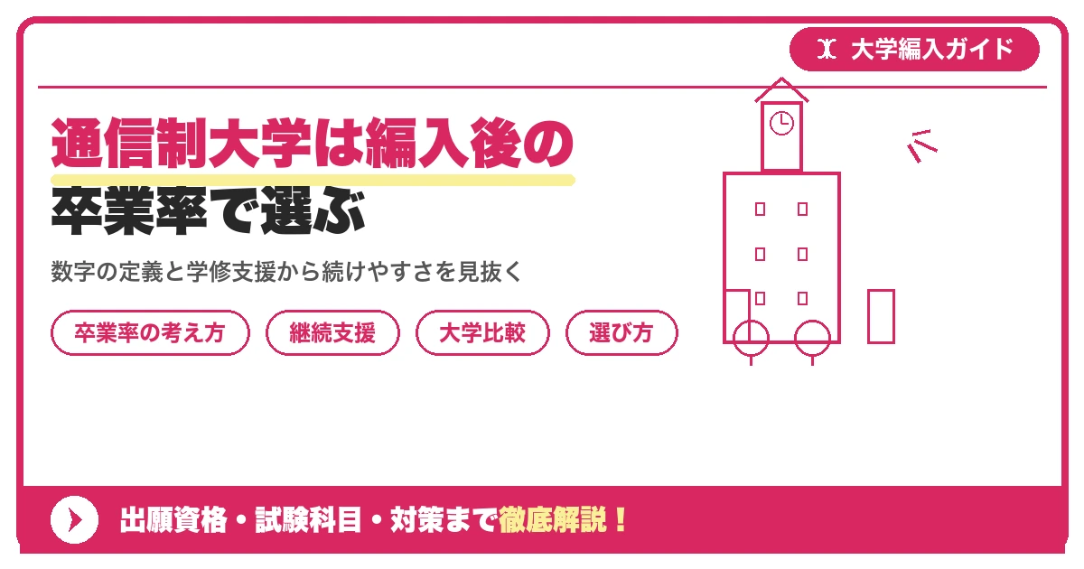 通信制大学は編入後の卒業率で選ぶ｜卒業しやすい大学の特徴を示すアイキャッチ画像